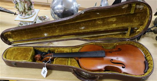 A Breton Brevet full size violin, late 19th century one piece back with case and bow L.59cm